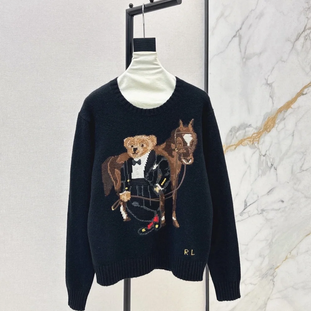 Ralph Lauren Black Sweater with Bear and Horse Design - Picture 1 of 4